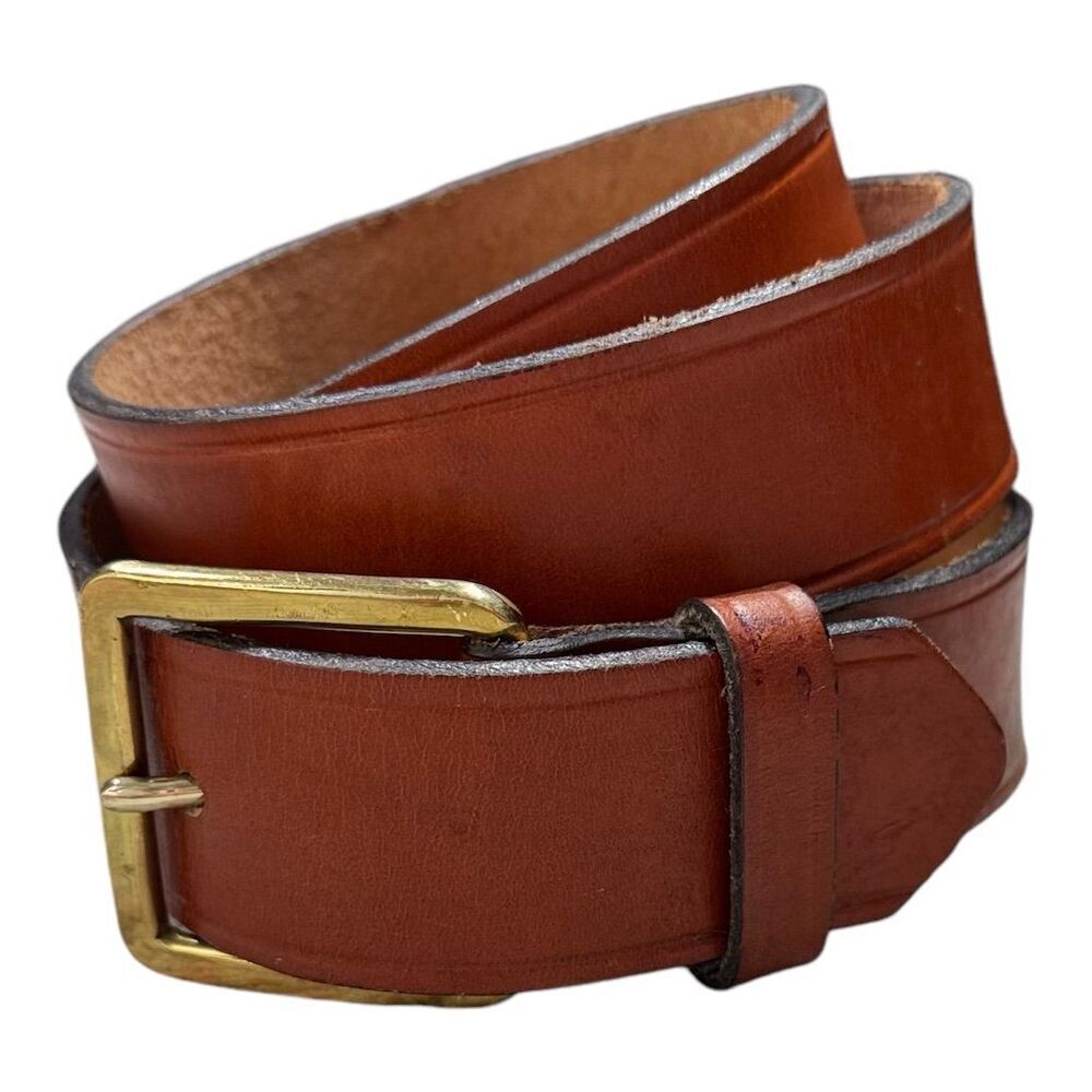 Vintage Men's Brown Leather Dress Belt Size 38 with Gold Brass Buckle Business